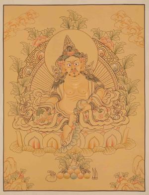 Yellow Dzambala Thangka | Hand-Painted Kubera Thangka | Tibetan Buddhist Art